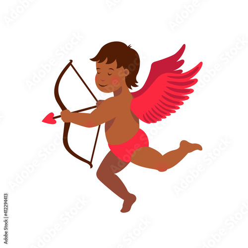 Cute Black cupid with bow and arrow - Love day greeting card. Vector illustration.