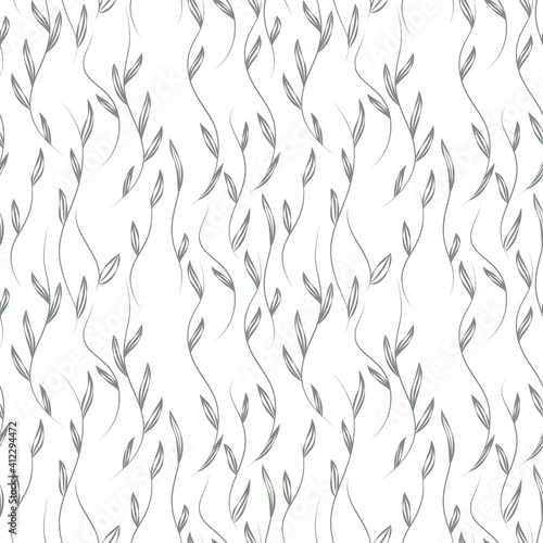 Willow branches with leaves on white background; ornate seamless pattern; botanical illustration