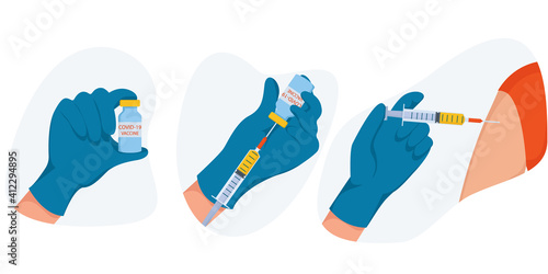 Vector illustration vaccination. Coronavirus prevention. The concept of vaccination Covid-19. Medical treatment. Vaccination, immunization, treatment.