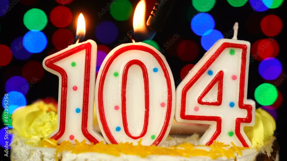 Number 104 Happy Birthday Cake With Burning Candles Topper. Number 104 Happy Birthday Cake With Burning Candles Topper.