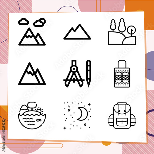 Simple set of 9 icons related to adventure