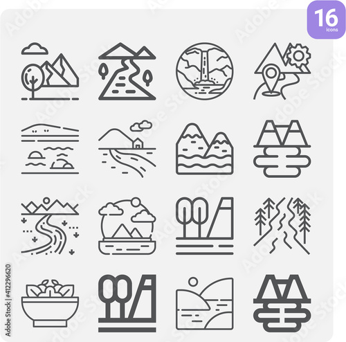 Simple set of forest river related lineal icons.
