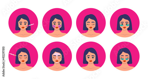 Cosmetology procedure set beauty injection, plastic surgery, lip fillers, hyaluronic acid, eye patches, face mask. Collection of girls in beauty industry. Vector illustration.