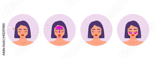 Cosmetology procedure set beauty injection, plastic surgery, lip fillers, hyaluronic acid, eye patches, face mask. Collection of girls in beauty industry. Vector illustration.