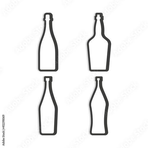 Champagne whiskey martini vermouth bottle. Linear shape. Simple template. Isolated object. Symbol in thin lines for alcoholic bars, restaurants, pubs. Dark outline. Flat illustration on white backdrop