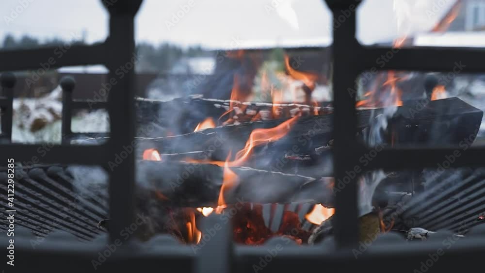 Birch logs burn in a fire bowl. Close up Birch logs burn in a fire bowl. Close up