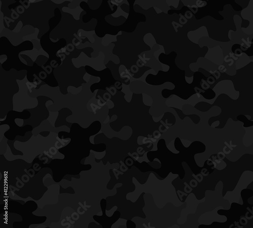  Black vector camouflage camouflage repeat print. Night background.