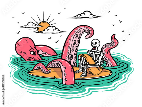 Octopus attacks surfers in the sea illustration