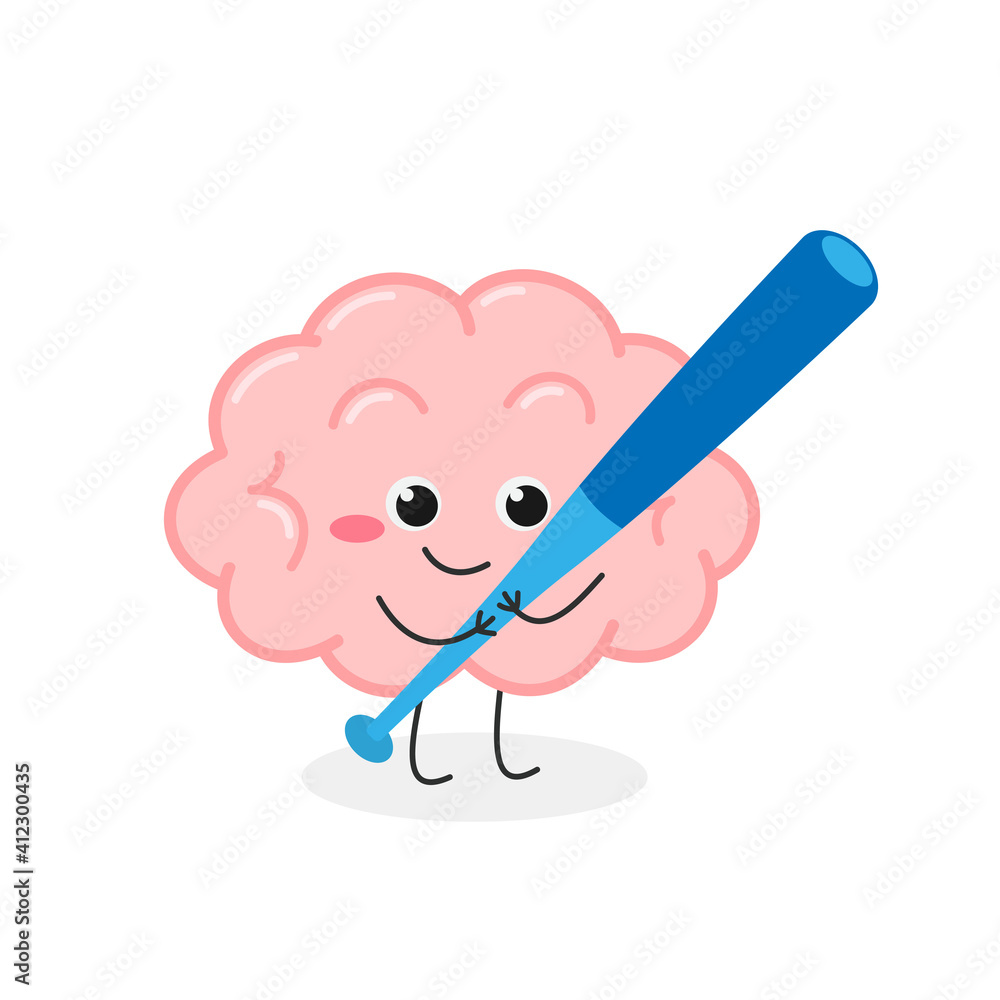 Funny human brain character with baseball bat Funny human brain character with baseball bat