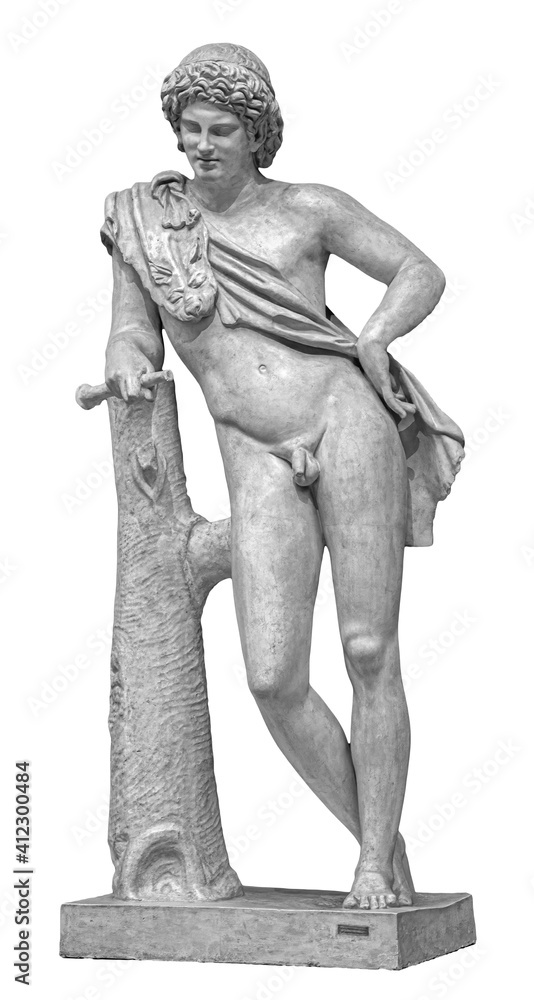 Obraz premium Ancient white marble full length sculpture of naked young man. Antique classic statue of youngster isolated on white. Stone figure of teenager