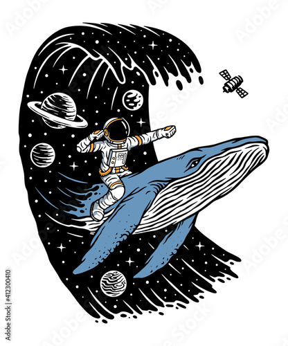 Surf in the universe with whales illustration