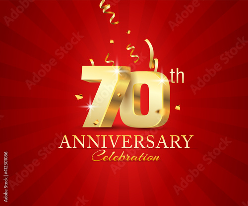 70th 3d Anniversary celebration banner with festival confetti on red abstract background