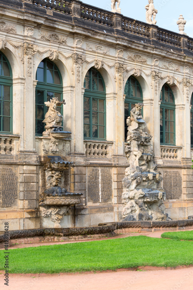 18th century baroque Zwinger Palace, decorative ornaments on the facade of the building, Dresden, Germany