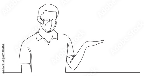 man wearing face mask showing something - single line drawing
