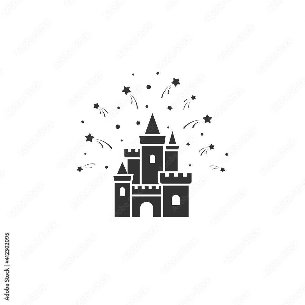 Castle with stars or fireworks icon. Tower, fortress. fairy tale, magic, fantasy logo.