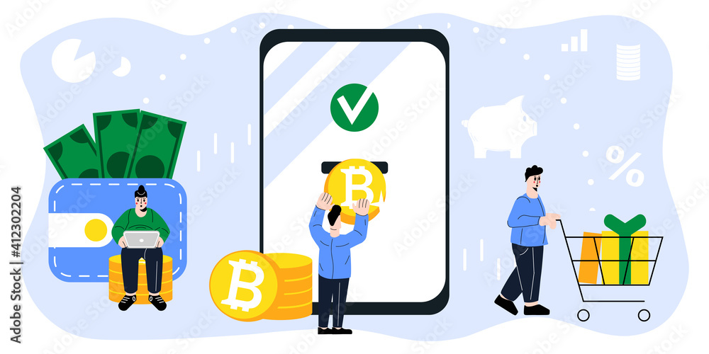 Cryptocurrency Exchange to Cash. Bitcoin to USD Conversion. Funny People Characters Transfering Bitcoin, Buying Goods or Making Online Payments using Virtual Currency.