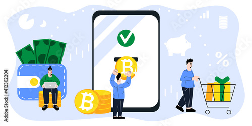 Cryptocurrency Exchange to Cash. Bitcoin to USD Conversion. Funny People Characters Transfering Bitcoin, Buying Goods or Making Online Payments using Virtual Currency.