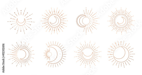 Fototapeta Sun and moon line art logo. Boho ray sun, mystic moon tattoo