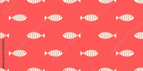 Nautical seamless pattern with swimming cartoon fish