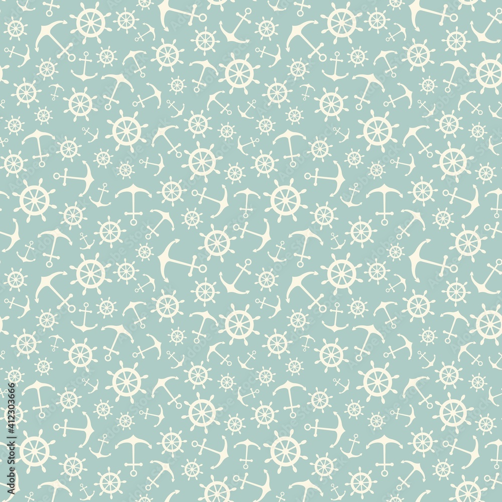 Nautical seamless pattern with ship wheels and anchors