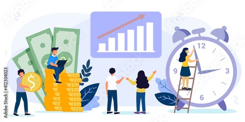 Times is money Concept save time Money saving Financial investments in stock market future income growth Tiny people characters working together with clock vector illustration сoncept