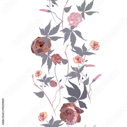 Vector seamless pattern with fancy mix of flowers and leaves, for ribbons. There are 3 companion patterns - 1 more for ribbons, a pattern for textile, and a round wreath for plate, pillow, wall clock