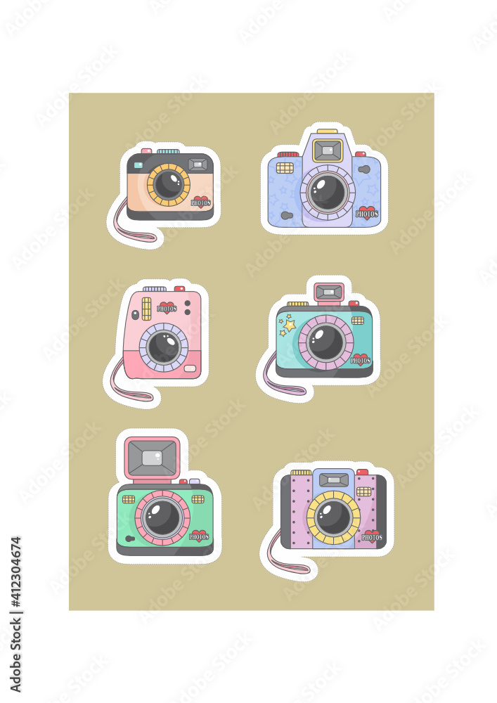 Câmera Vetor - Desenho câmera fotográfica. Desenho cores pastel. Stickers.  Fotos. Adesivos. Set. Máquina fotográfica Stock Vector | Adobe Stock