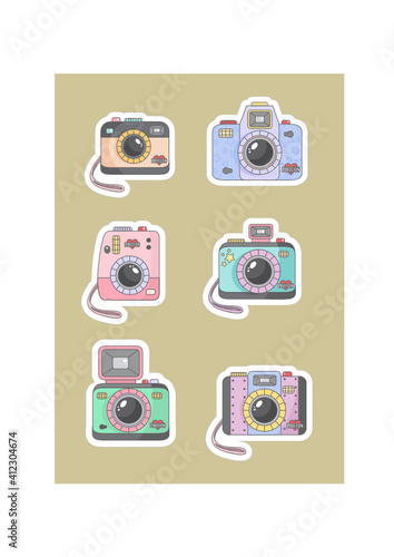 Câmera Vetor - Desenho câmera fotográfica. Desenho cores pastel.  Stickers. Fotos. Adesivos. Set. Máquina fotográfica