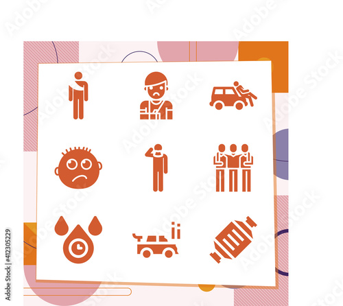 Simple set of 9 icons related to injuries