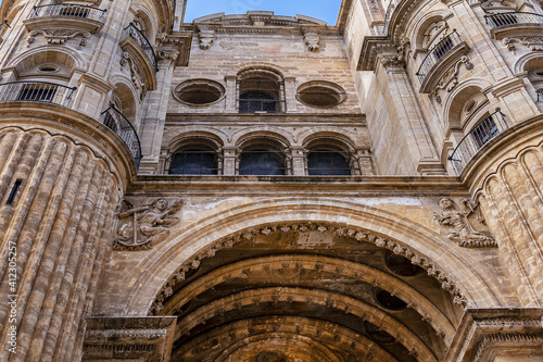 View of North facade of Cathedral of Malaga. Renaissance Cathedral - Roman Catholic Church in the city of Malaga, constructed between 1528 and 1782. Malaga, Costa del Sol, Andalusia, Spain.