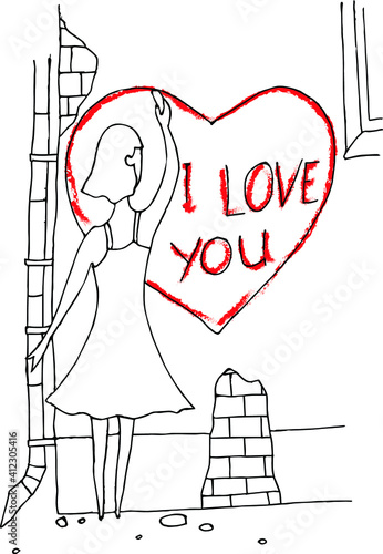 a black and white sketch from the hand of a girl drawing a declaration of love with red lipstick on the step