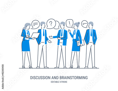 Discussion and brainstorming in team concept. Group of business people at work, office meeting. Professional communication. Vector illustration. Editable stroke.