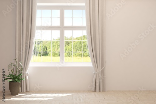 White empty room with summer landscape in window. Scandinavian interior design. 3D illustration © AntonSh