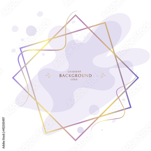 Gold frame with a beautiful blue watercolor stain on a white background. Abstract foil of gold and lilac color on the background. Vector illustration.
