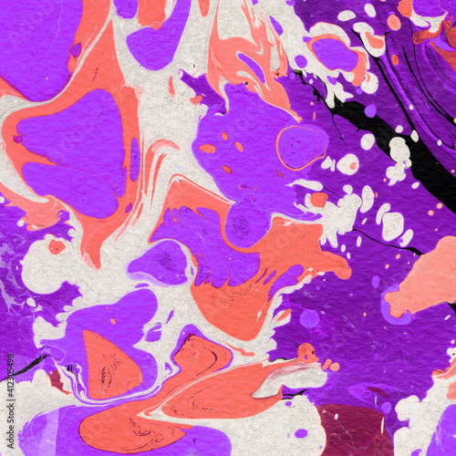 Colorful marble ink texture on watercolor paper background. Marble stone image. Bath bomb effect. Psychedelic biomorphic art.