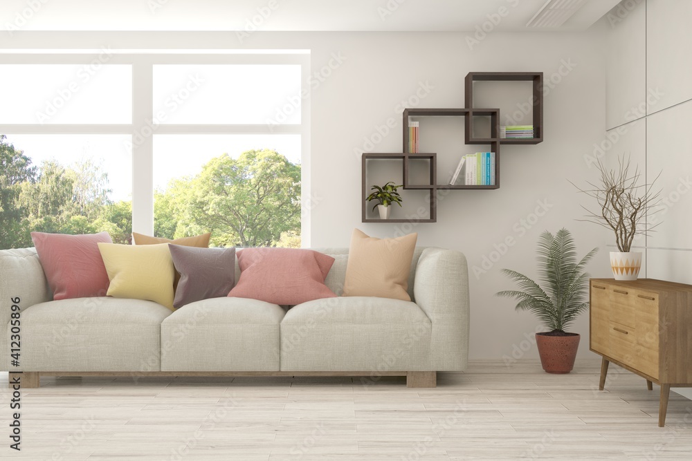 White living room with sofa and summer landscape in window. Scandinavian interior design. 3D illustration White living room with sofa and summer landscape in window. Scandinavian interior design. 3D illustration