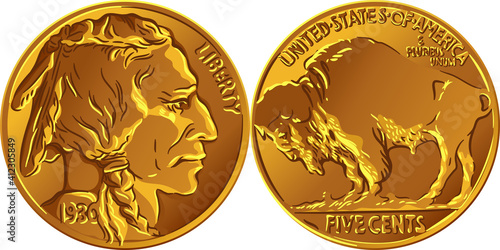 American copper-nickel money, Buffalo nickel 5 Cent Coin, obverse with Indian Head, reverse with American Bison