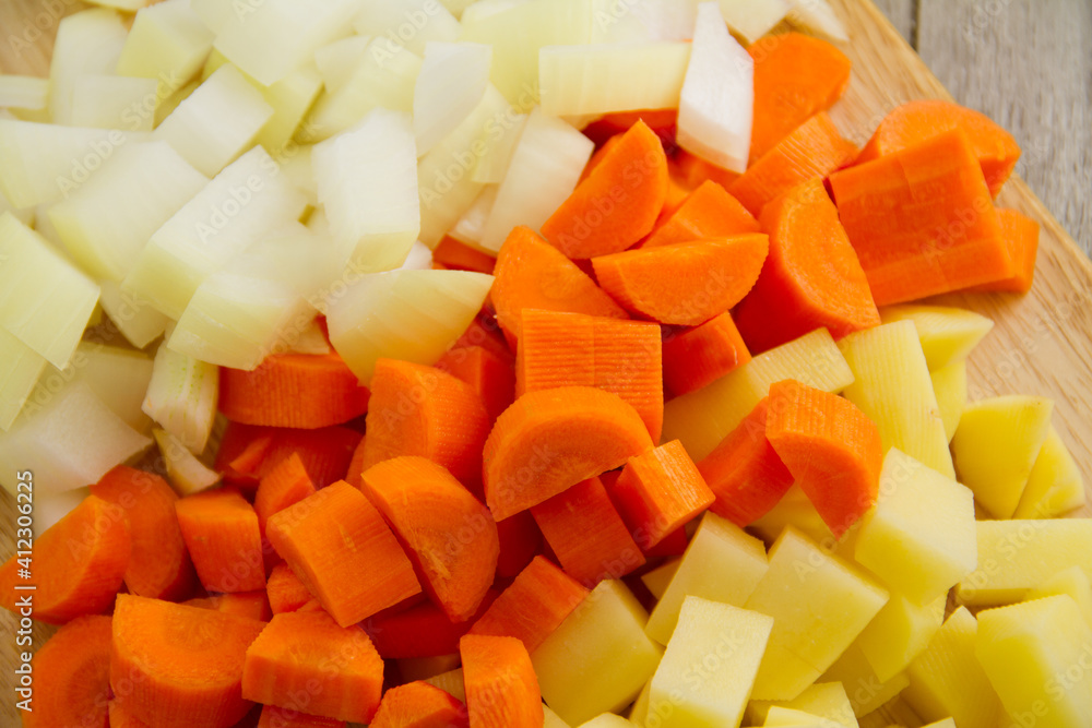Diced vegetables, onion, carrot and potato Diced vegetables, onion, carrot and potato