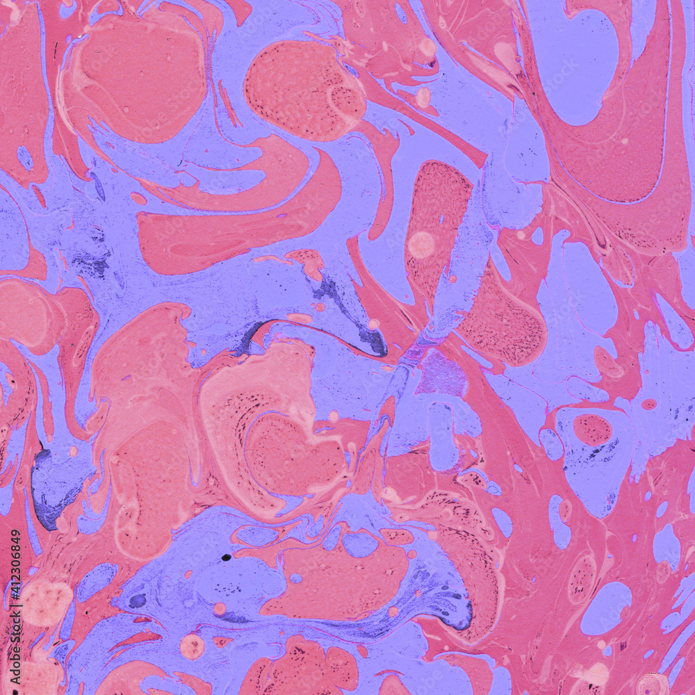 Fototapeta premium Colorful marble ink texture on watercolor paper background. Marble stone image. Bath bomb effect. Psychedelic biomorphic art.