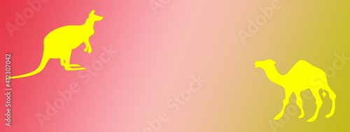 Beautiful illustration of a yellow kangaroo and a camel on a multicolored gradient. The beautiful gradient of red and gold. The colors of love and luck. Template for advertising your product.