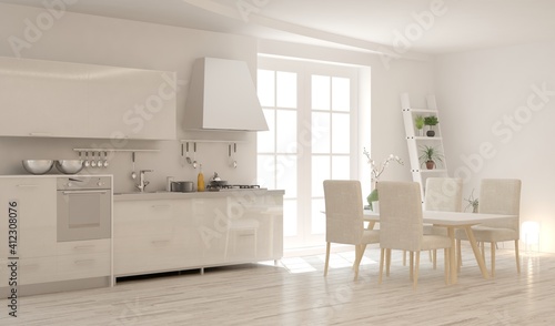 Fototapeta Naklejka Na Ścianę i Meble -  White stylish minimalist kitchen. Scandinavian interior design. 3D illustration