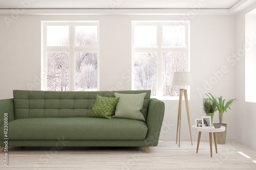 White living room with sofa and winter landscape in window. Scandinavian interior design. 3D illustration