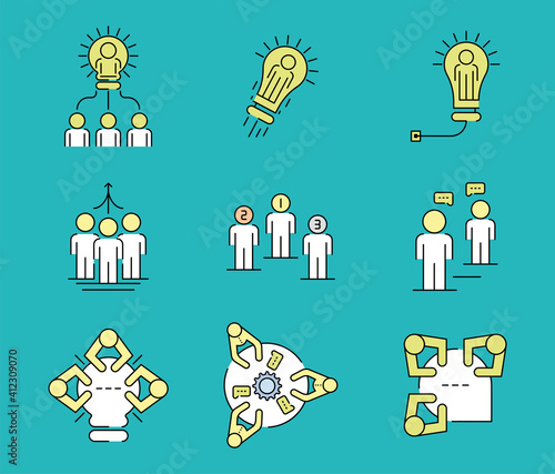 Colored Teamwork Related icon set. The icon set includes icons such as collaboration, research, meeting, leadership, communication and more. Innovation, leader, idea, common idea. Team work logo icon.