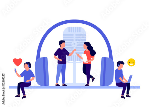Podcast with people characters on radio studio. People in headset listening to audio, music, streaming show. Podcast with sound recording equipment, microphone, headset. Vector illustration