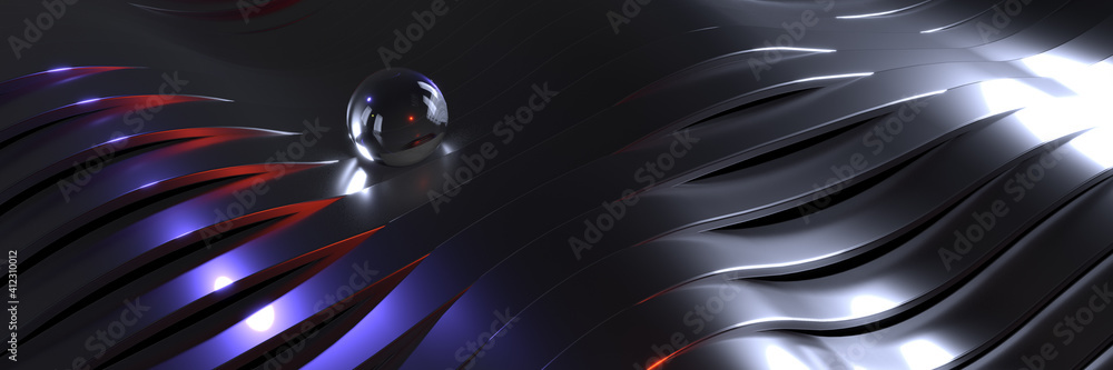 Abstract technological background made of metal strips with smooth curves and a glass sphere. 3D rendering