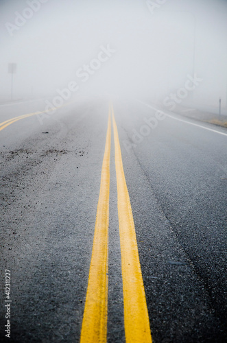 stripes, road stripes, yellow, fog, mist, asphalt, road