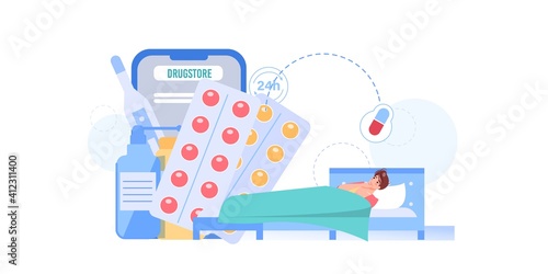 Vector cartoon flat patient character at bed.Sick person girl choose,ordering medications at online pharmacy drug store on mobile app screen-web online medical treatment therapy,telemedicine concept