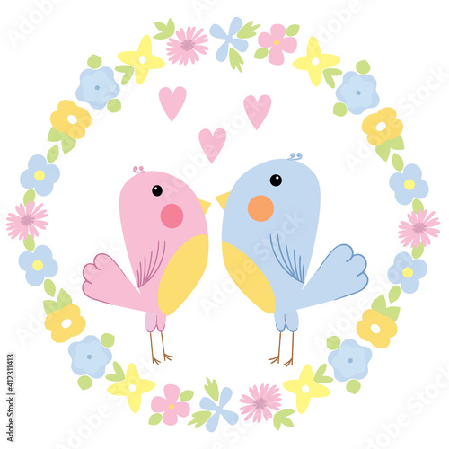 Vector abstract birds isolated on white background with frame of flowers. Cute enamored birds  cartoon flat style. Illustration on the theme of love.
