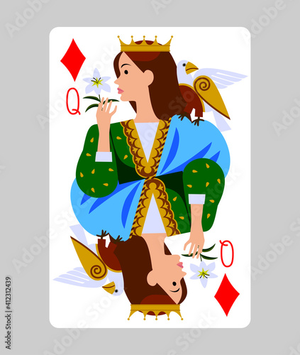 Playing card queen of diamonds in funny flat modern style. Faces double sized. Original design. Vector illustration
