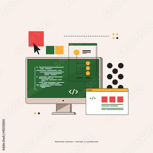 Programming codes. Digital technologies. Development of mobile applications. Monitor with a dismantled interface. Flat vector illustration.
